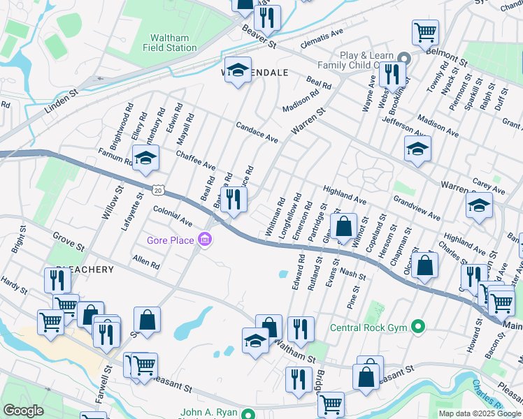 map of restaurants, bars, coffee shops, grocery stores, and more near 32 Whitman Road in Waltham