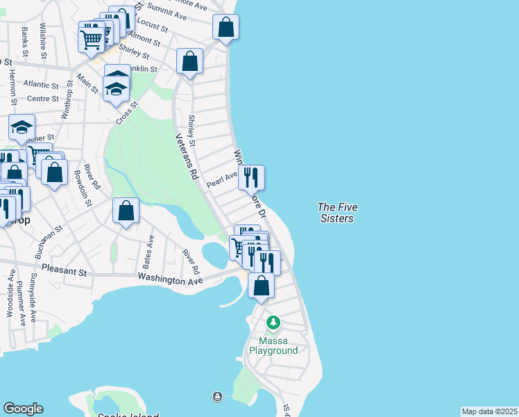 map of restaurants, bars, coffee shops, grocery stores, and more near 53 Cutler Street in Winthrop