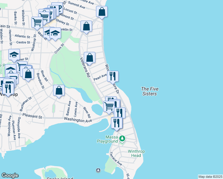 map of restaurants, bars, coffee shops, grocery stores, and more near 53 Cutler Street in Winthrop