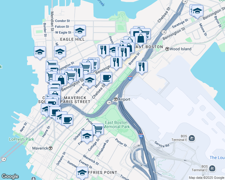 map of restaurants, bars, coffee shops, grocery stores, and more near Bremen Street in Boston