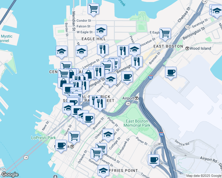 map of restaurants, bars, coffee shops, grocery stores, and more near 223 Marion Street in Boston