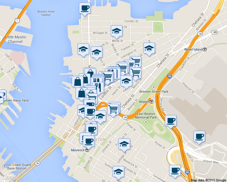 map of restaurants, bars, coffee shops, grocery stores, and more near 227 Havre Street in Boston