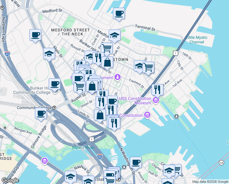 map of restaurants, bars, coffee shops, grocery stores, and more near 47 Soley Street in Boston