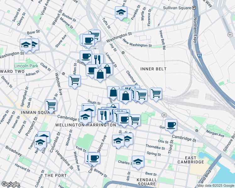 map of restaurants, bars, coffee shops, grocery stores, and more near 39R Medford Street in Somerville