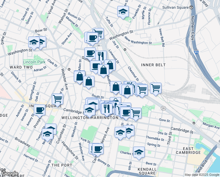 map of restaurants, bars, coffee shops, grocery stores, and more near 22 Horace Street in Somerville