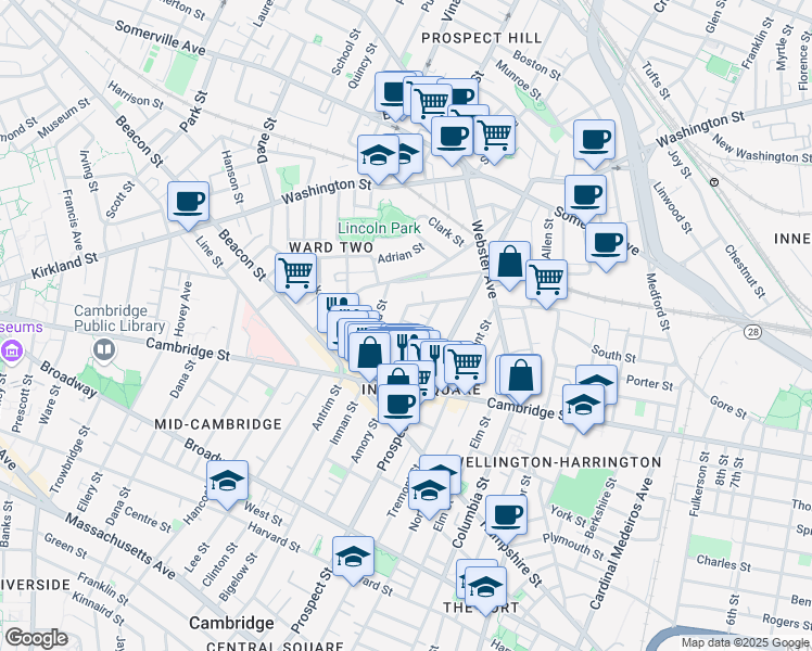 map of restaurants, bars, coffee shops, grocery stores, and more near 25 Houghton Street in Somerville