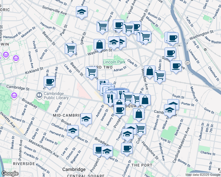 map of restaurants, bars, coffee shops, grocery stores, and more near 37 Springfield Street in Somerville