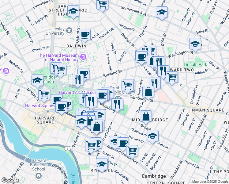 map of restaurants, bars, coffee shops, grocery stores, and more near 1655 Cambridge Street in Cambridge