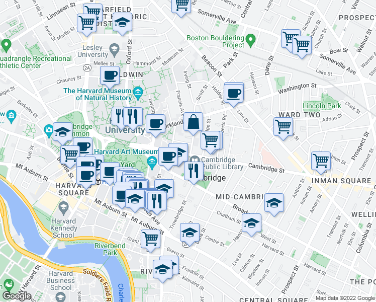 map of restaurants, bars, coffee shops, grocery stores, and more near in Cambridge