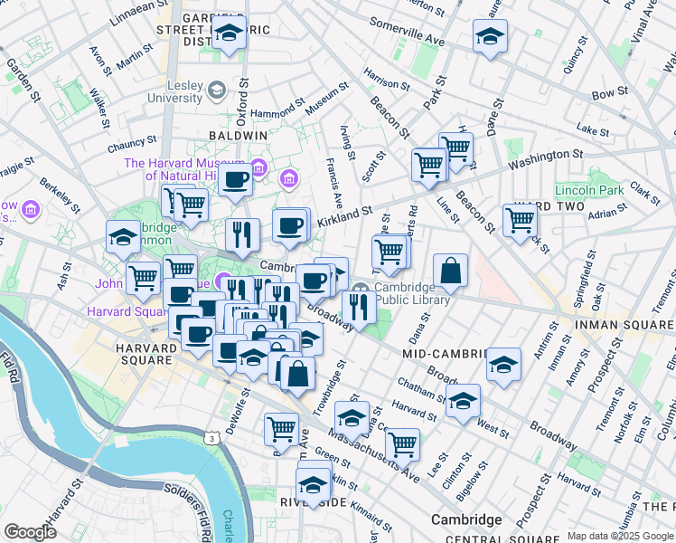 map of restaurants, bars, coffee shops, grocery stores, and more near in Cambridge
