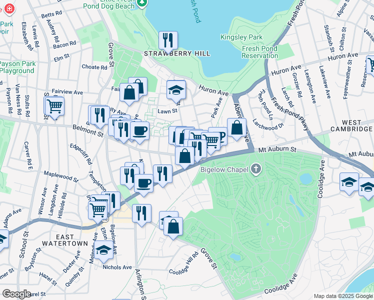 map of restaurants, bars, coffee shops, grocery stores, and more near 21 Belmont Street in Cambridge