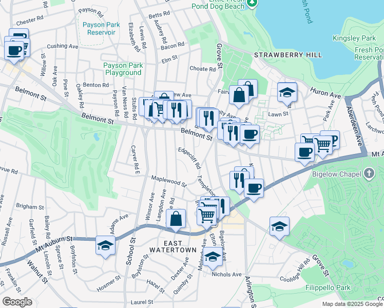 map of restaurants, bars, coffee shops, grocery stores, and more near 44 Woodleigh Road in Watertown