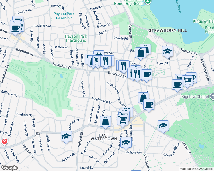 map of restaurants, bars, coffee shops, grocery stores, and more near 129 Hillside Road in Watertown