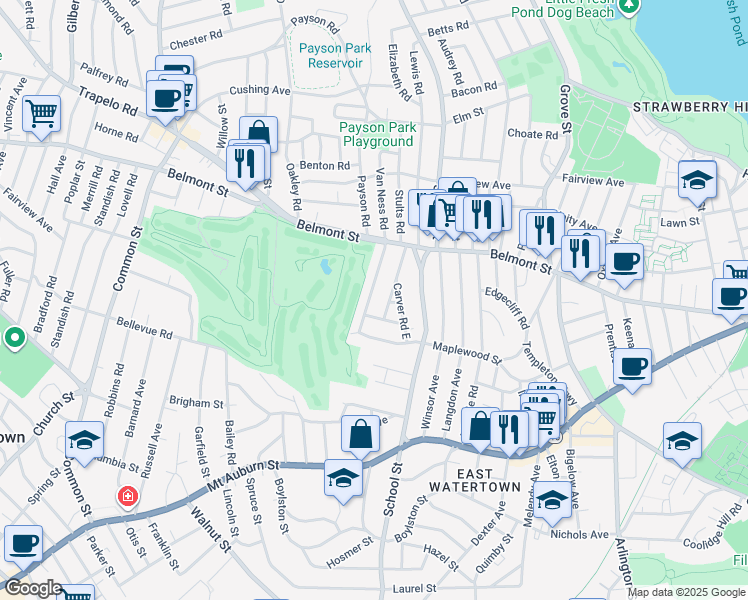 map of restaurants, bars, coffee shops, grocery stores, and more near 61 Carver Road in Watertown