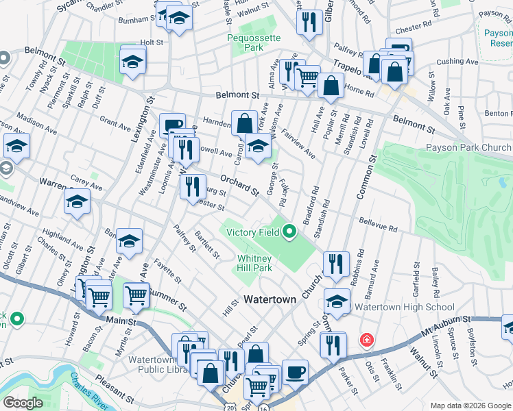 map of restaurants, bars, coffee shops, grocery stores, and more near 26 Lawrence Street in Watertown