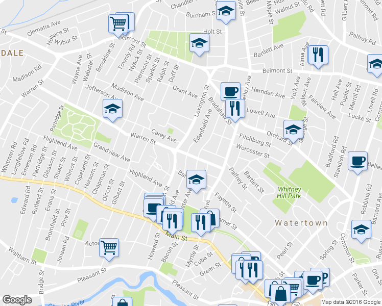 map of restaurants, bars, coffee shops, grocery stores, and more near 43 Warren Street in Watertown