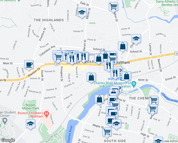 map of restaurants, bars, coffee shops, grocery stores, and more near 85 Charles Street in Waltham