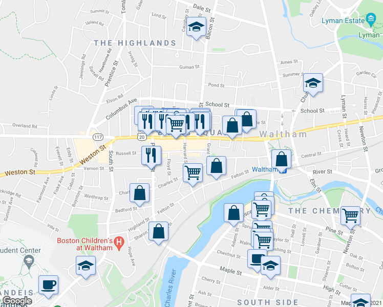 map of restaurants, bars, coffee shops, grocery stores, and more near 35 Harvard Street in Waltham