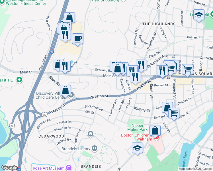 map of restaurants, bars, coffee shops, grocery stores, and more near in Waltham