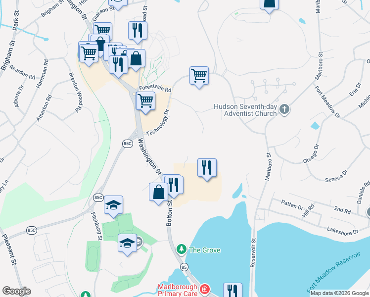 map of restaurants, bars, coffee shops, grocery stores, and more near 3000 Matrix Way in Hudson