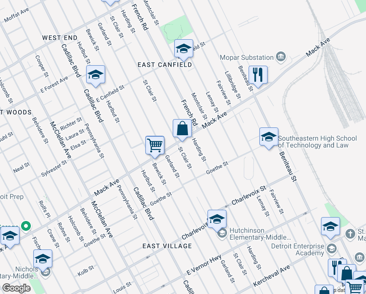 map of restaurants, bars, coffee shops, grocery stores, and more near 3524 Saint Clair Street in Detroit
