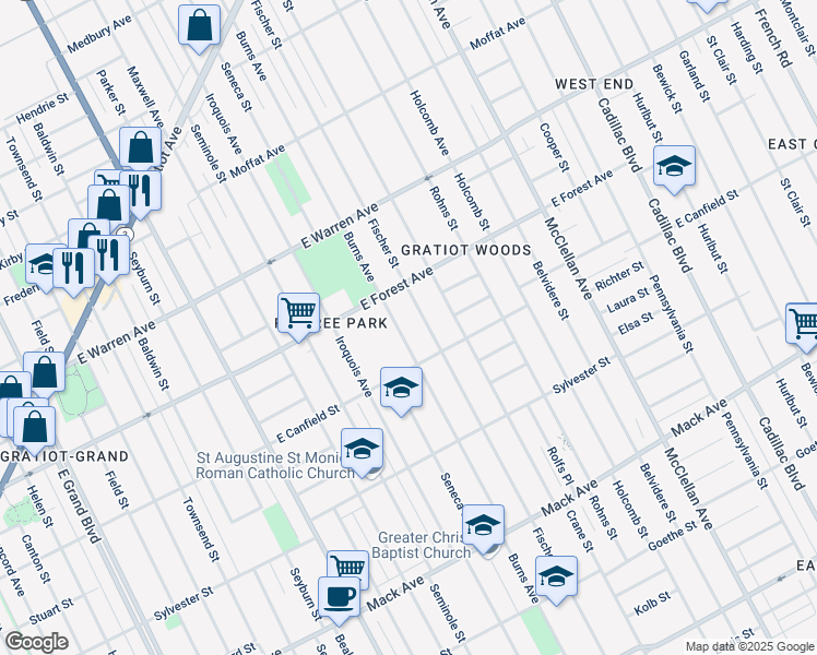 map of restaurants, bars, coffee shops, grocery stores, and more near 4450 Burns Avenue in Detroit