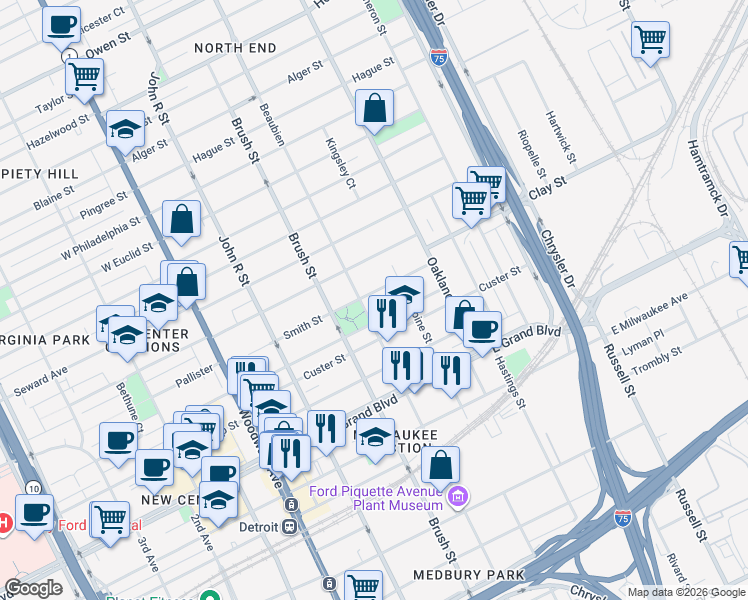 map of restaurants, bars, coffee shops, grocery stores, and more near 525 East Bethune Street in Detroit