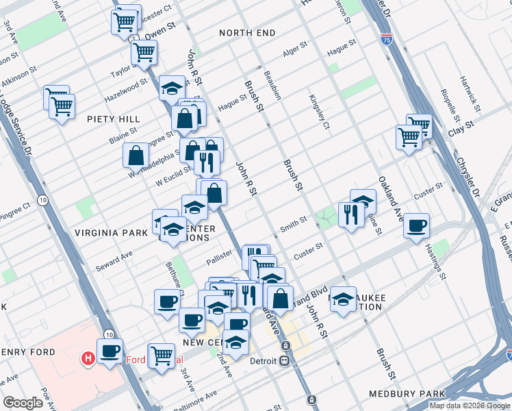 map of restaurants, bars, coffee shops, grocery stores, and more near 81 Chandler Street in Detroit
