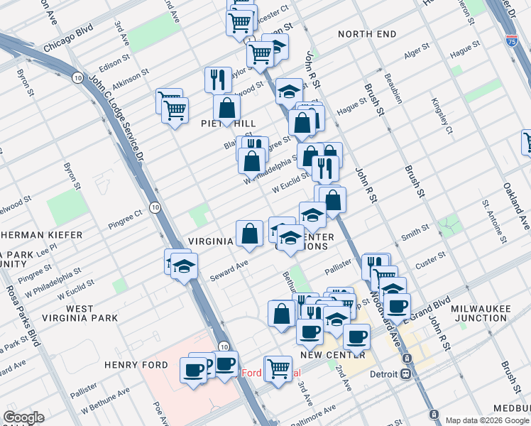 map of restaurants, bars, coffee shops, grocery stores, and more near 610 Virginia Park Street in Detroit