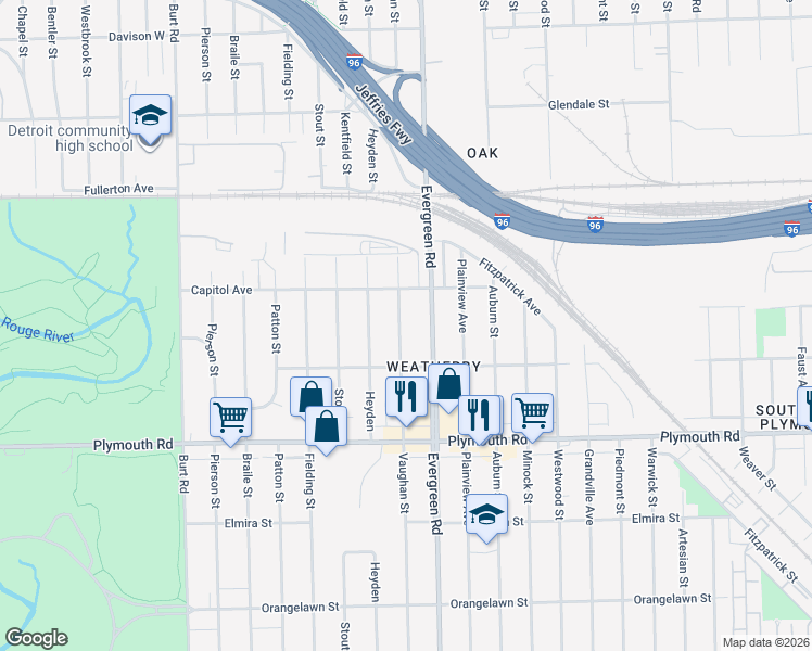 map of restaurants, bars, coffee shops, grocery stores, and more near 12061 Vaughan Street in Detroit