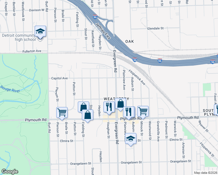 map of restaurants, bars, coffee shops, grocery stores, and more near 12061 Vaughan Street in Detroit