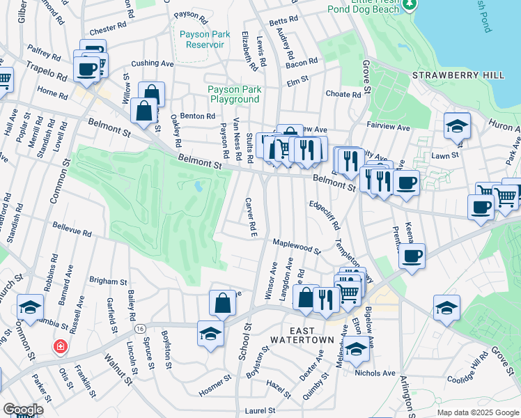 map of restaurants, bars, coffee shops, grocery stores, and more near 370 School Street in Watertown