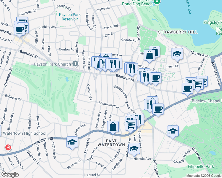 map of restaurants, bars, coffee shops, grocery stores, and more near 124 Hillside Road in Watertown