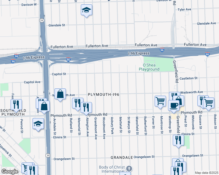 map of restaurants, bars, coffee shops, grocery stores, and more near 12024 Woodmont Avenue in Detroit