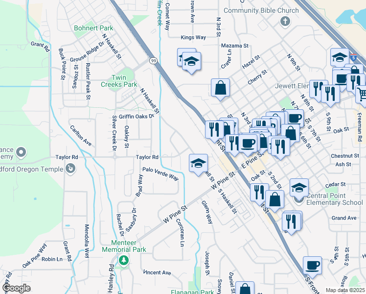 map of restaurants, bars, coffee shops, grocery stores, and more near 410 Richardson Drive in Central Point