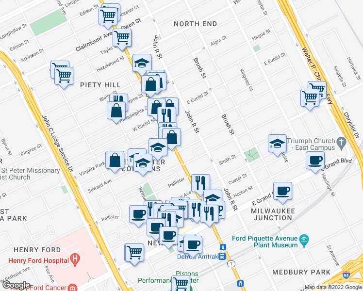 map of restaurants, bars, coffee shops, grocery stores, and more near 21 Marston Street in Detroit