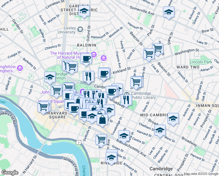 map of restaurants, bars, coffee shops, grocery stores, and more near Cambridge Street in Cambridge