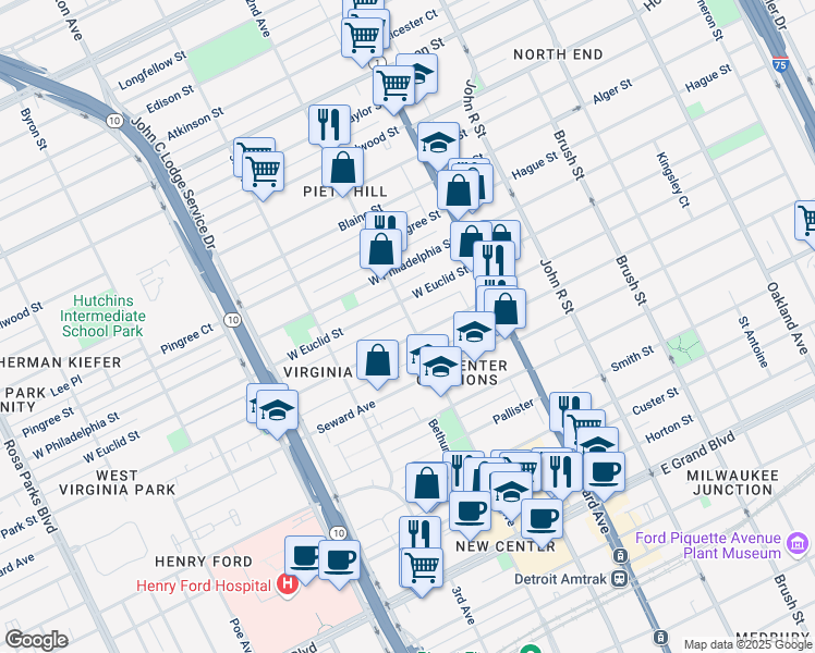 map of restaurants, bars, coffee shops, grocery stores, and more near 610 Virginia Park Street in Detroit