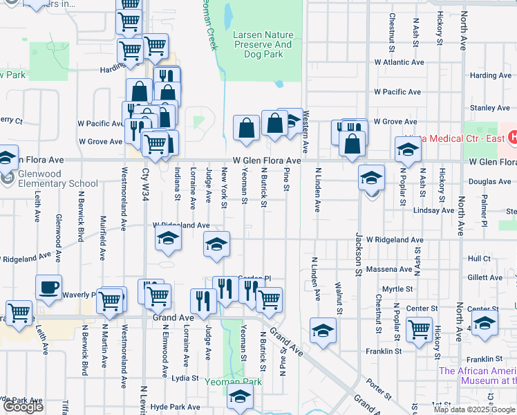 map of restaurants, bars, coffee shops, grocery stores, and more near 1031 Yeoman Street in Waukegan