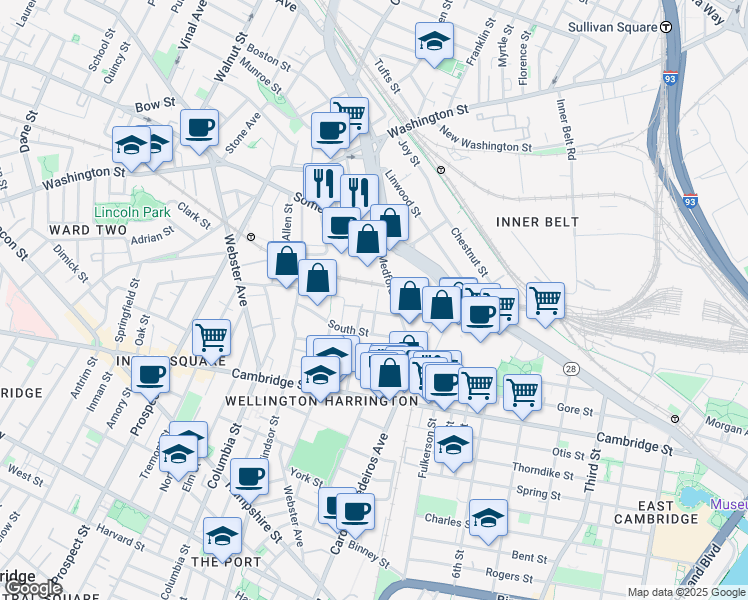 map of restaurants, bars, coffee shops, grocery stores, and more near 30 Horace Street in Somerville