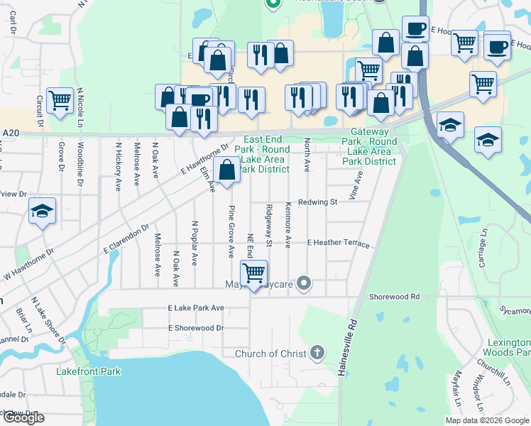 map of restaurants, bars, coffee shops, grocery stores, and more near 1428 Ridgeway Street in Round Lake Beach