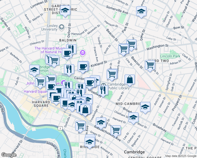 map of restaurants, bars, coffee shops, grocery stores, and more near in Cambridge
