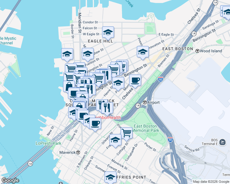 map of restaurants, bars, coffee shops, grocery stores, and more near 223 Marion Street in Boston