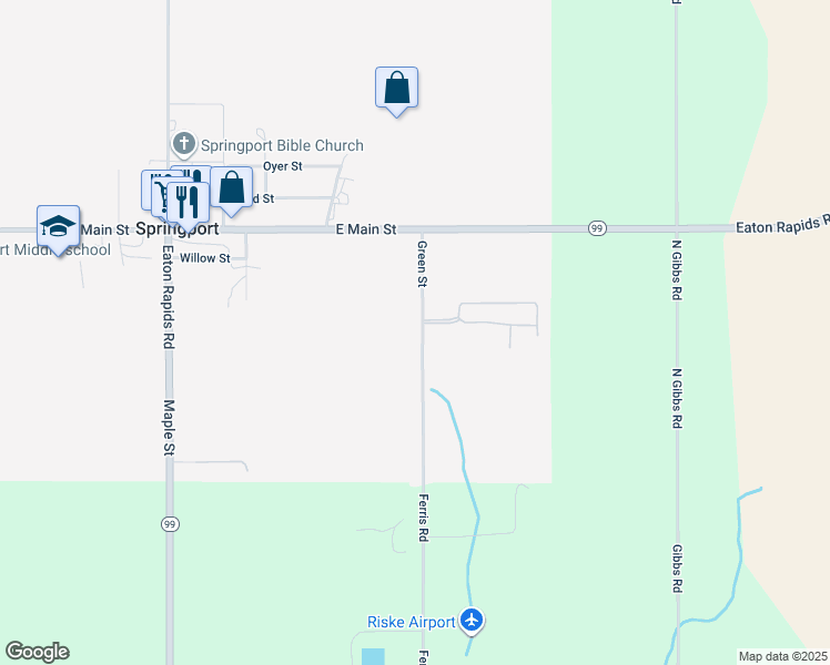 map of restaurants, bars, coffee shops, grocery stores, and more near 280 Green Street in Springport