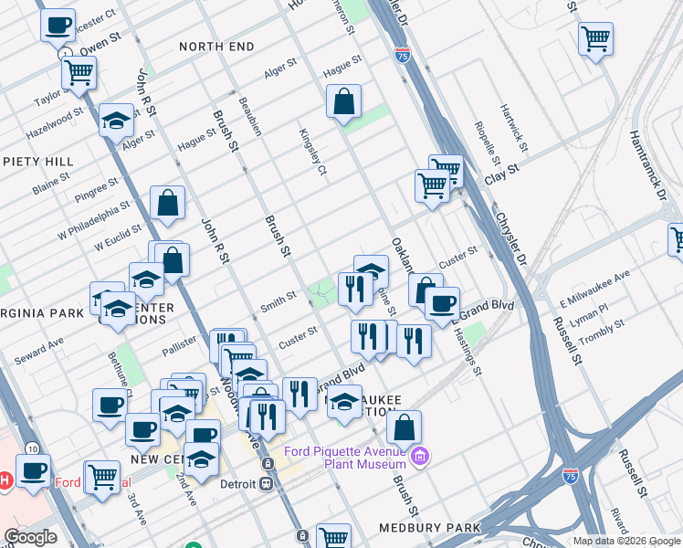 map of restaurants, bars, coffee shops, grocery stores, and more near 525 East Bethune Street in Detroit