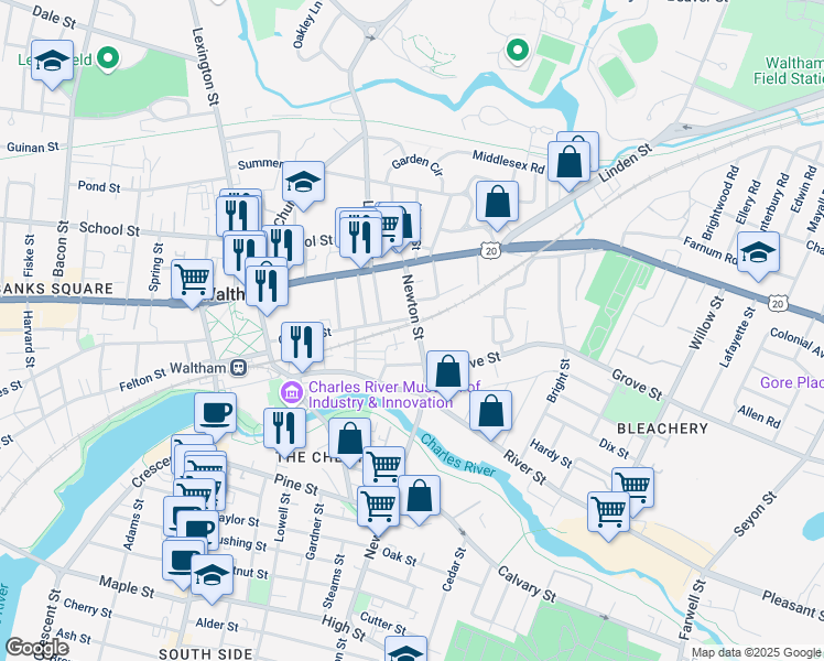 map of restaurants, bars, coffee shops, grocery stores, and more near 47 Amory Road in Waltham
