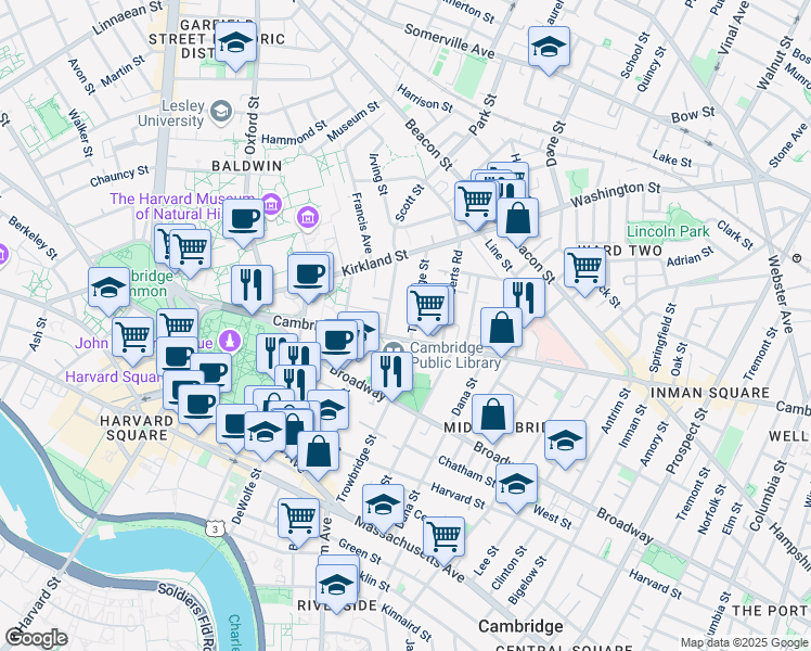 map of restaurants, bars, coffee shops, grocery stores, and more near 77 Trowbridge Street in Cambridge