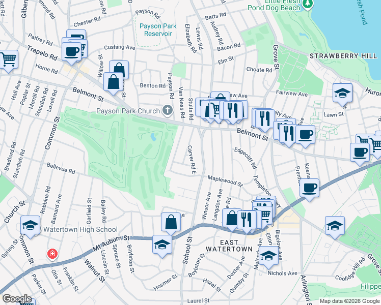 map of restaurants, bars, coffee shops, grocery stores, and more near 16 Carver Road East in Watertown
