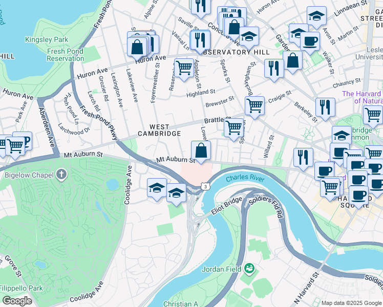 map of restaurants, bars, coffee shops, grocery stores, and more near 313 Mount Auburn Street in Cambridge