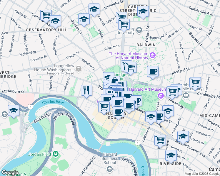 map of restaurants, bars, coffee shops, grocery stores, and more near 13 Appian Way in Cambridge
